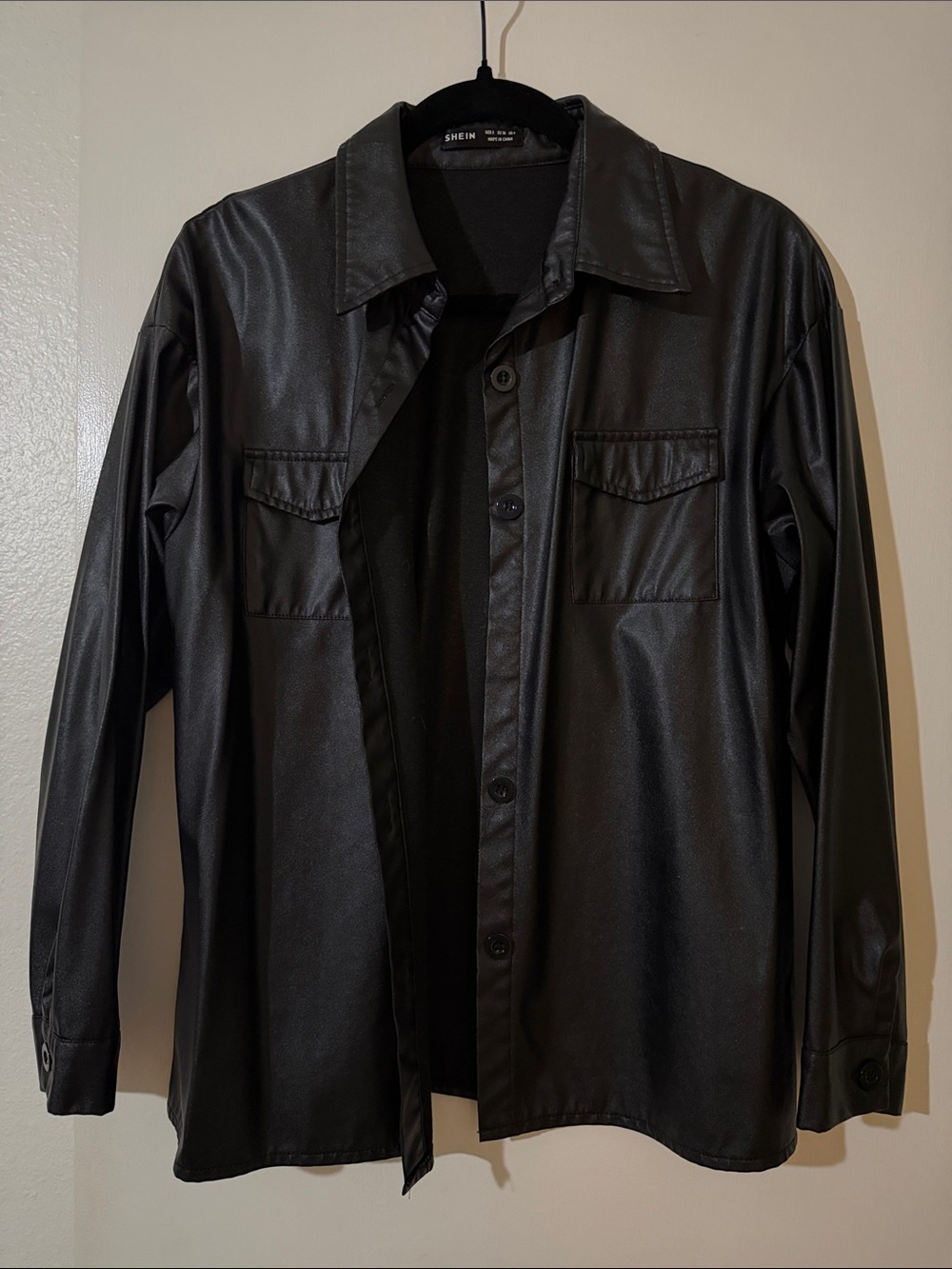 SHEIN Black Faux Leather Shirt Jacket with Chest Pockets